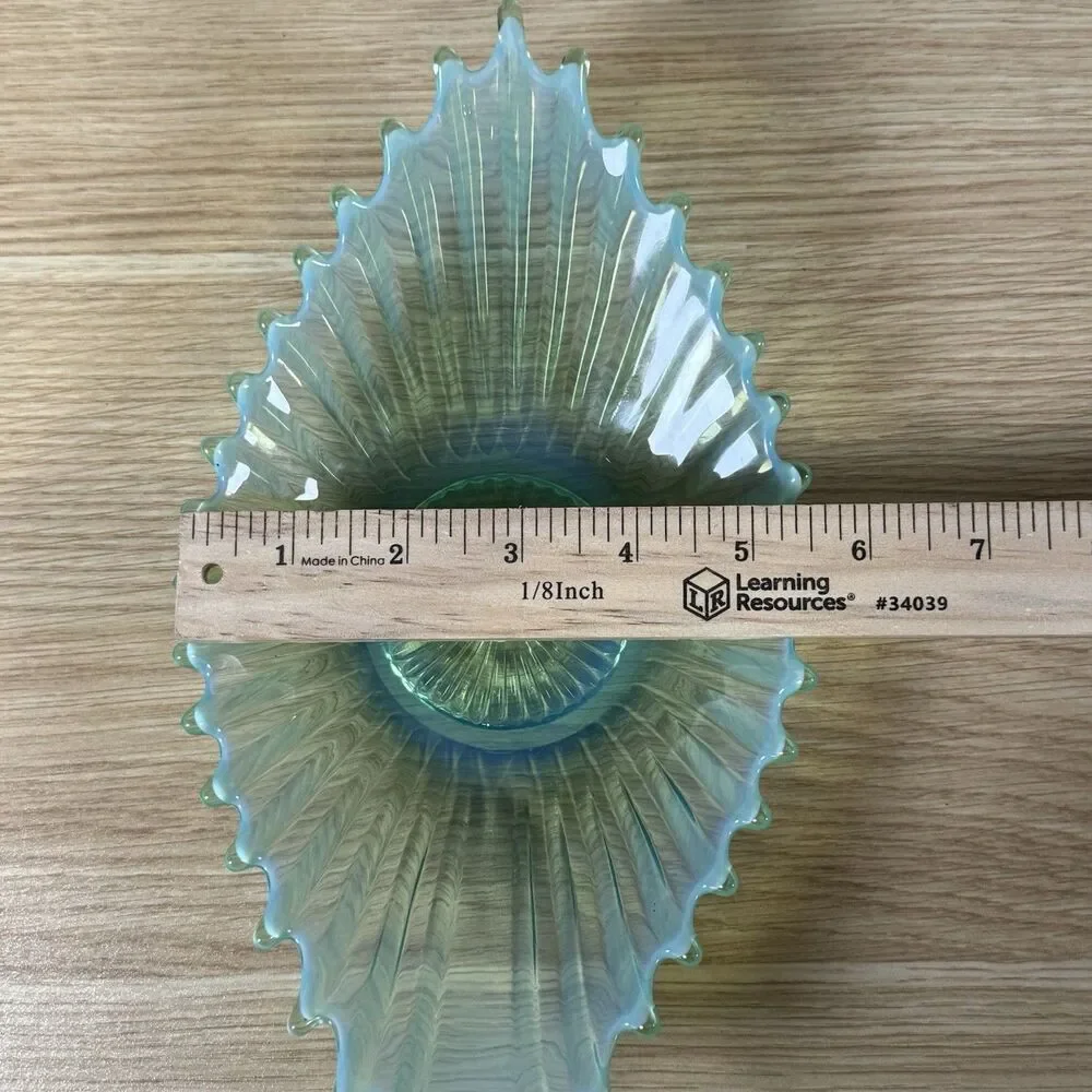 Vtg Fostoria Heirloom Aqua Opalescent Oblong Flared Art Glass Bowl MCM 13